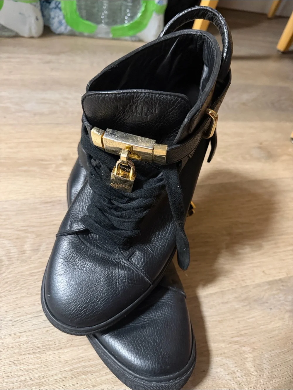 Buscemi Black Leather High-Top Sneakers with Gold Hardware